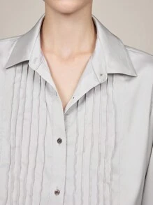 BizChic Grey Satin Finish Long Sleeve Blouse, Elegant Women's Outwear For Party, Holiday, Christmas, New Year, Autumn/Winter, - Grey - View 5