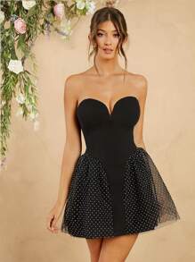 L'Amorae Drop Waist Polka Dot Mesh Insert Sweetheart Neck Dress