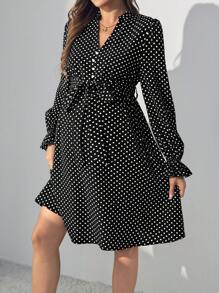 SHEIN Maternity Polka Dot Print Flare Sleeve Belted Dress - Black - View 3