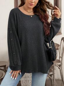 SHEIN LUNE 大码女式休闲罗纹长袖 T 恤 - 深灰色 - 查看 1