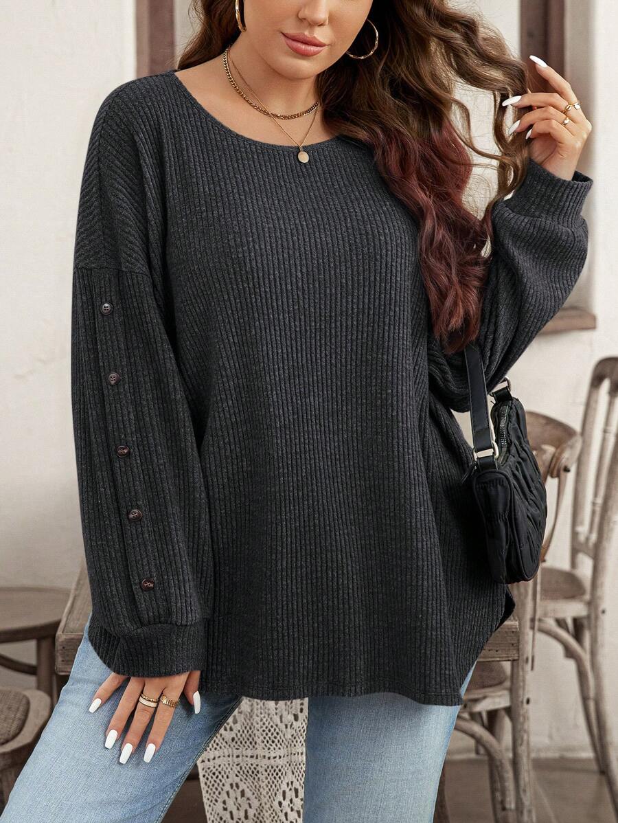 SHEIN LUNE 大码女式休闲罗纹长袖 T 恤 - 深灰色 - 查看 1