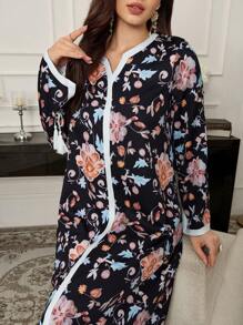 Al Najma Solid Color Splice Notched Neck Long Sleeve Modest Dress, Casual Daily Wear - Black - View 8