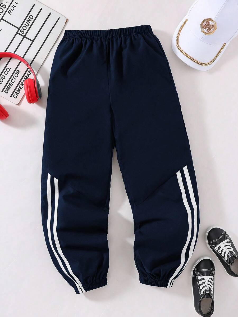 SHEIN Casuvi Kids Tween Boys' Navy Blue Casual Jogger Pants With Side Striped Print, Suitable For Leisure And Sports Wear Chic Outfits For Autumn/Winter - Blue - View 1