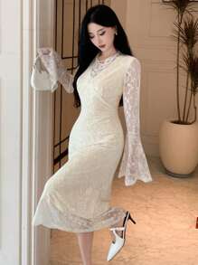 DAZY V-Neck Lace Midi Dress For Women,Ruffle,Fall Clothes Long Sleeve Dress - White - View 5