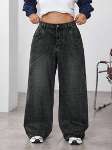 SHEIN EZwear Quần Jeans Ống Rộng Rộng Thường Ngày Cho Nữ Cỡ Lớn - màu đen - Xem 5