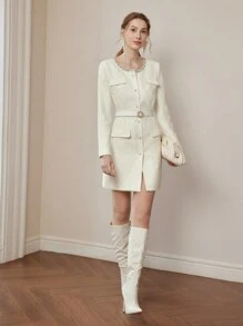 MOTF PREMIUM FLAP DETAIL SINGLE BREASTED PLACKET DRESS - White - View 7