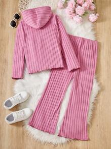 SHEIN 2pcs Outfit For Tween Girl, Casual Daily Wear Hooded Knit Top And Flare Leg Knit Pants Set, Suitable For Autumn And Winter