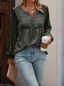 Women's Solid Color Pleated Casual Long Sleeve T-Shirt, Spring Autumn