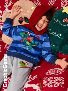 2 件套小男孩圣诞恐龙条纹运动衫和运动裤 2 件套