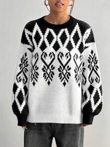 SHEIN Unity Women's Geometric Pattern Long Sleeve Casual Jacquard Knit Sweater, Autumn/Winter, Knit Pullover Fall - Black and White - View 3