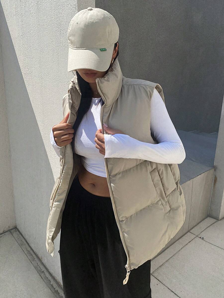 DAZY Zip Up Puffer Vest Pockets Coat, Winter Women Clothes, Padded Coat Women - Khaki - View 1