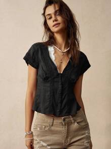 Bohemela Lace Patchwork Vacation Shirt For Women - Black - View 6