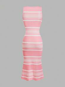 Ladies' Ribbed Color Blocked Slim Fit Vest, Elegant Round Neck Sleeveless Spring/Summer Dress Suitable For Spring/Summer/Autumn - Baby Pink - View 6