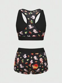 Strawberry Shortcake | ROMWE 草莓和卡通图案工字背无线运动胸罩和宽松内裤套装