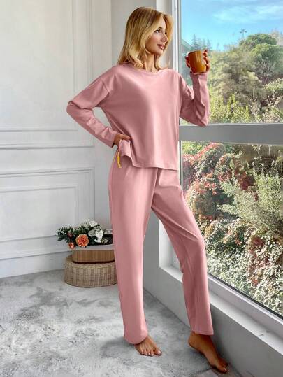 SHEIN Cottnline Women Solid Color Crew Neck Long Sleeve Top And Pants Pajama Set