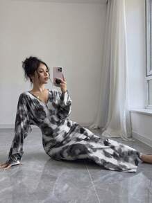 Firerie 女士V领宽松长袖水墨画图案长裙，适合秋季、教师、商务休闲、返校 - 彩色 - 查看 6