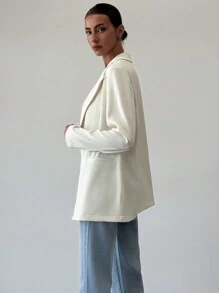 Aloruh Áo khoác blazer tay dài màu mơ phong cách Anh rộng rãi tối giản cho nữ - Màu be - Xem 4