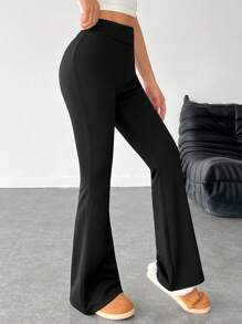 SHEIN PETITE Quần ống loe tập yoga cho nữ, quần co giãn cạp cao, quần lót giữ nhiệt kiểm soát bụng khi tập luyện - màu đen - Xem 4