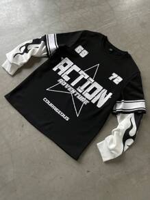 PAVTROS Moletom masculino de cor sólida com patchwork, manga longa, estampa de letras, casual, para sair, uso na rua, gola redonda, gráfico, bloco de cores, para amigos, marido, presentes para namorado - Preto e Branco - Ver 3