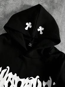 Manfinity EMRG Men's Loose Fit Letter Print Hooded Thermal Lined Sweatshirt, Autumn Winter, Emo Style, 2000s Style, Long Sleeve Top