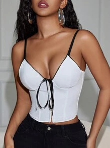 Yuwenier Y2K铆钉镂空V领撞色缎面蝴蝶结前胸露脐吊带背心