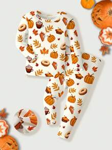 SHEIN Young Boy Casual Simple Halloween Element Pattern Snug Fit Thermal Lined Long Sleeve Crew Neck Pants Home Set, Suitable For Autumn/Winter