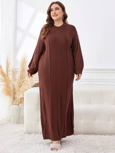 Mulvari Plus-Size Solid Color Crew Neck Long Sleeve Sweater Dress, For Winter