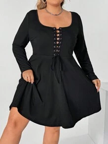 SHEIN CURVE+ Plus Size Women Dark Punk Style Lace-Up Crew Neck Long Sleeve Dress, Winter Fall Clothes Halloween - Black - View 6