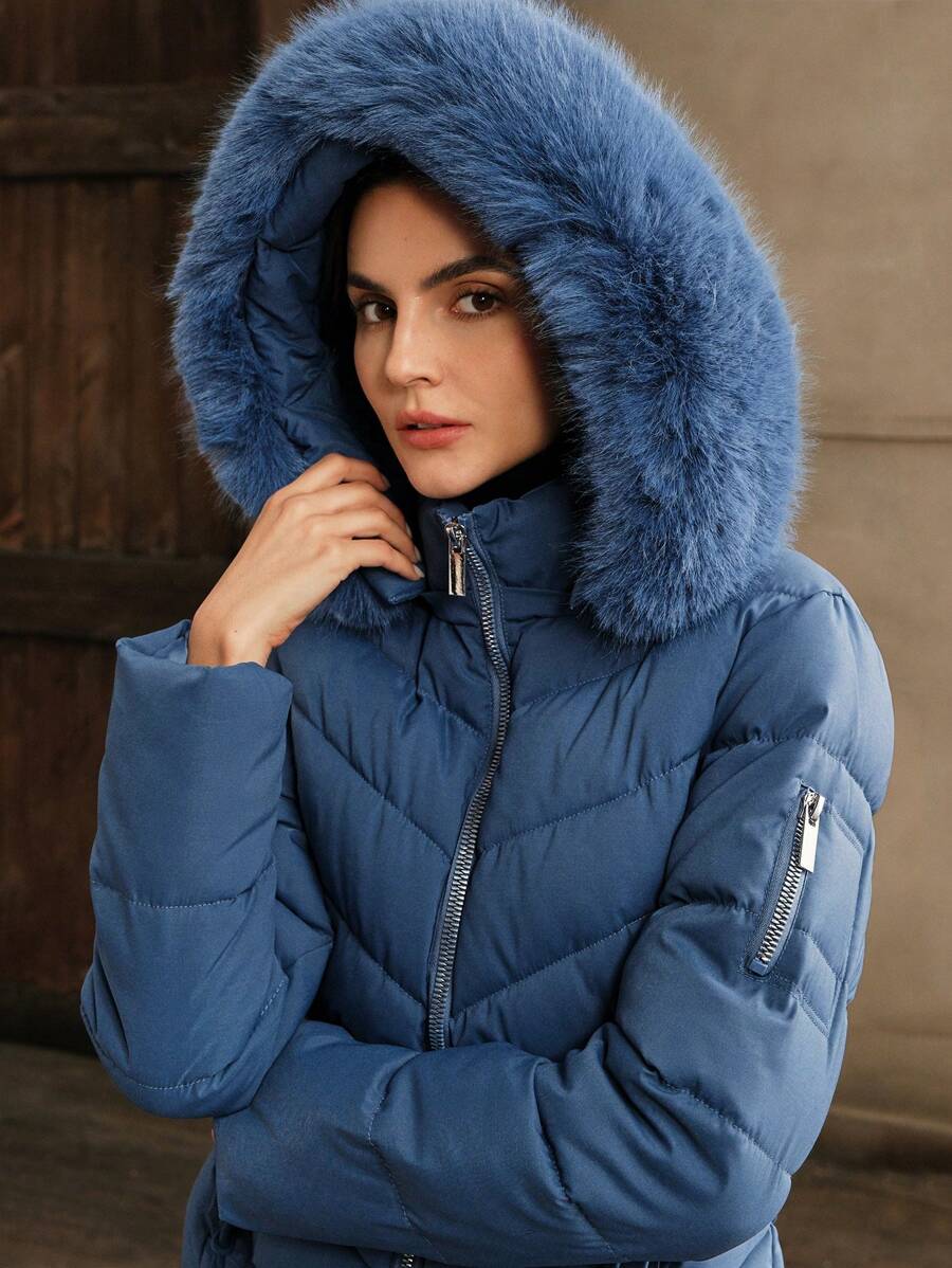 Anewsta Women's Fashionable Minimalist Solid Color Zip-Up Fluffy Trim Hooded Casual Jacket - Blue - View 1