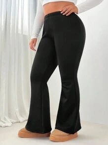 SHEIN EZwear 3 件套大码女式、羊毛紧身裤、保暖紧身裤、冬季女装、喇叭形松紧腰黑色紧身裤 - 黑色 - 查看 5