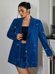 SHEIN EZwear 秋冬大码亮面缺口翻领单排扣西装外套和短裤套装 - 藍色 - 查看 3