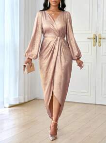 SHEIN Lady 四季/婚礼宾客/服装/舞会礼服/金色礼服/晚宴服装/金色裹身裙女士长裙派对优雅 - 金色 - 查看 4