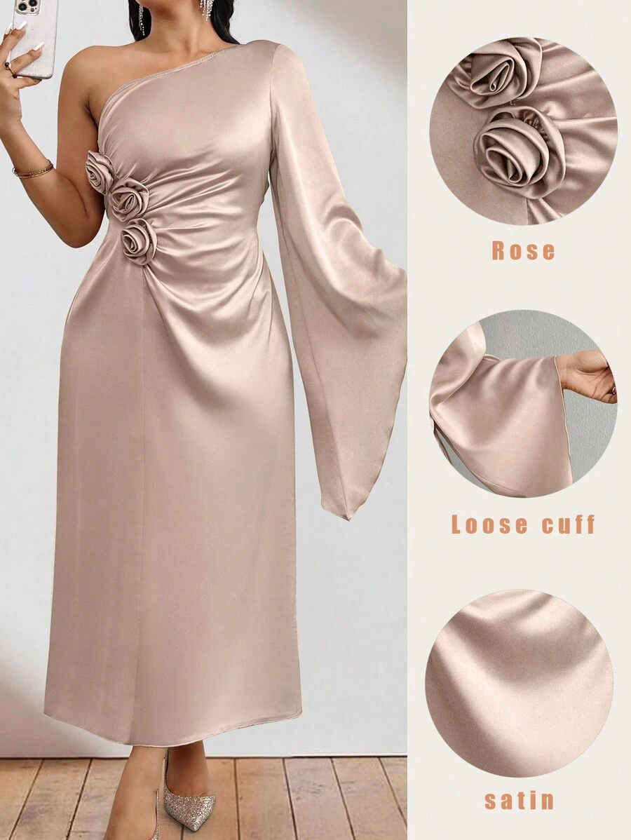 SHEIN Clasi Plus Size Women's Solid Color Simple Daily 3D Floral Decor Sleeveless Dress Maxi Women Outfit - Apricot - View 1