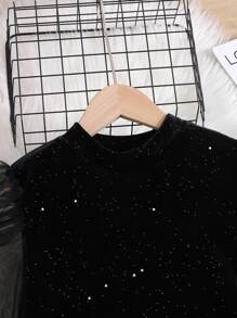 SHEIN Vestido casual justo com contraste de malha e manga gigot para meninas pré-adolescentes, macio e confortável