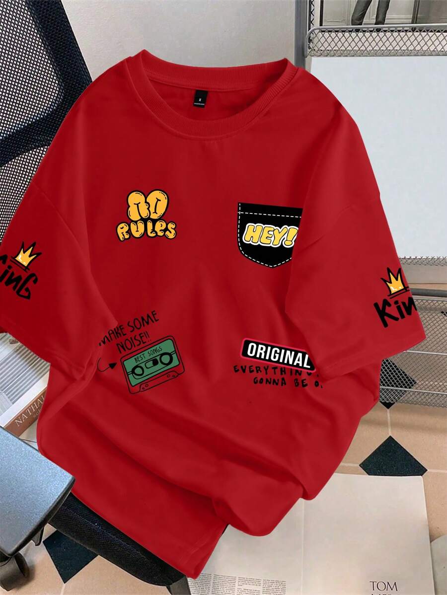 Claim Dot Loose Fit Men Cartoon & Slogan Graphic Drop Shoulder T-Shirt - Red - View 1