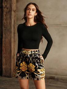 Anewsta 女式天鹅绒花卉印花短裤配腰带，复古经典花卉图案，优雅外观，秋冬 - 黑色 - 查看 7