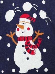 SHEIN Tween Boys 圣诞毛衣，海军蓝宽松雪人提花图案圆领长袖套头针织毛衣，适合秋冬季和圣诞节假期