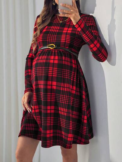 SHEIN Red Big Plaid Long Sleeve Short Maternity Dress For Women