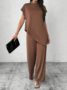 SHEIN Privé 2pcs Set Women Minimalist Elegant White Collared Dolman Sleeve Asymmetric Hem Loose Fit T-Shirt & Wide Leg Pants