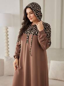 Lacomfia Vestido largo de manga larga con capucha y cordón de ajuste con estampado de leopardo, estilo modesto árabe, para mujer talla grande, para primavera/otoño