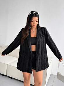 Calvaya Plus Size Women Textured Lapel Collar Long Sleeve Loose Blazer Jacket, Spring Autumn - Black - View 4