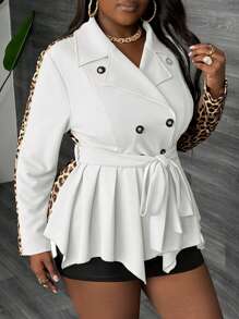 Slaydiva Plus Size Women Elegant Office White Windbreaker Coat,Leopard Print Patchwork,Collared,Ruched Asymmetrical Hem,With Belt,Casual & Party Autumn Winter - White - View 4