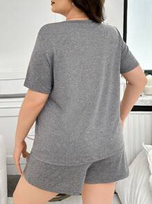 大码女式心形印花圆领短袖 T 恤和短裤睡衣套装 - 淺灰色 - 查看 6