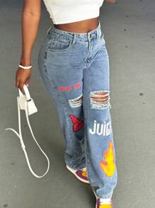 Young Fashionable American Street Style Multiple Logo Print Jeans - Medium Wash - View 6