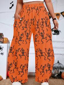 SHEIN LUNE Plus Size Women Halloween Skull Printed Elastic Waist Loose Wide Leg Casual Pants Fall Cloth For Women