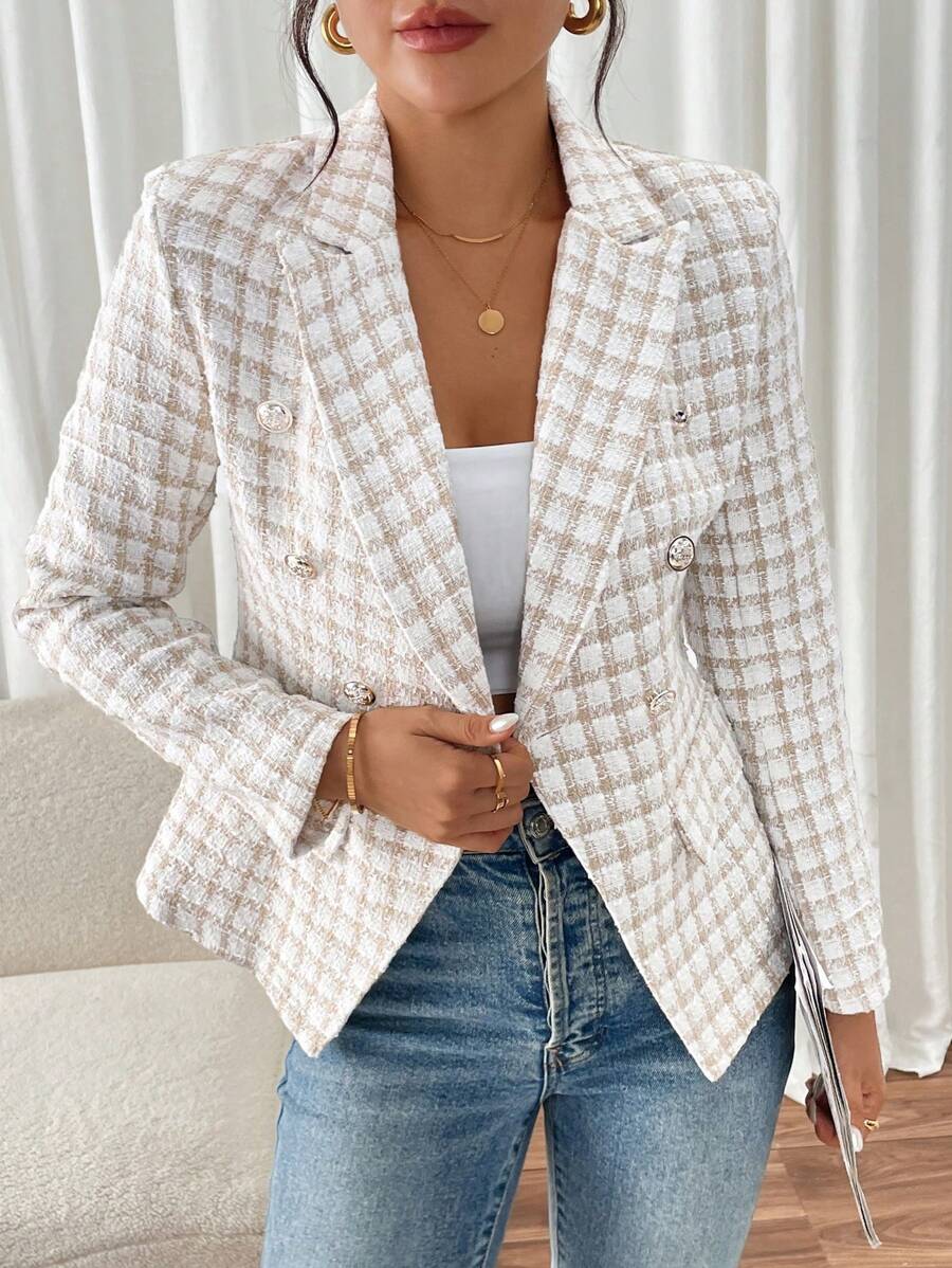 SHEIN Frenchy Women's Plaid Print Lapel Collar Long Sleeve Blazer - Apricot - View 1