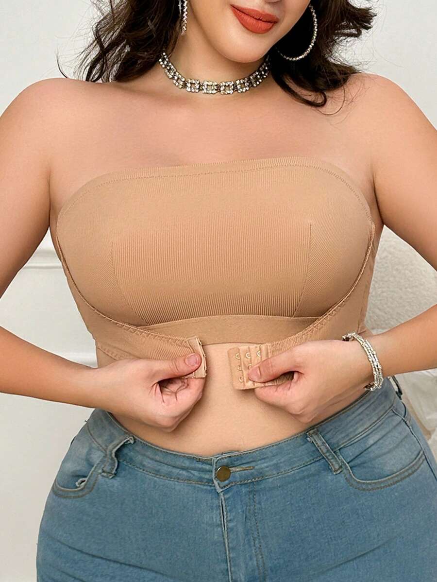 Plus Size Women High Elastic Front Closure Solid Color Bandeau Bra - Mocha Brown - View 1