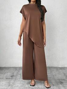SHEIN Privé 2pcs Set Women Minimalist Elegant White Collared Dolman Sleeve Asymmetric Hem Loose Fit T-Shirt & Wide Leg Pants