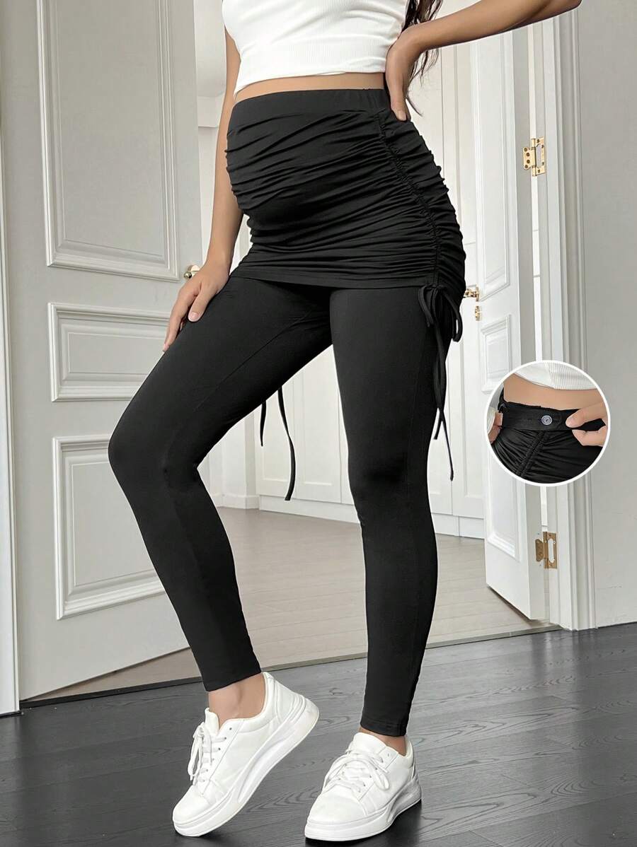 SHEIN Maternity Solid Color Adjustable Waist Drawstring Skinny Leggings - Black - View 1