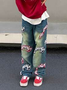 Manfinity EMRG Men Letter Graphic Straight Leg Jeans Hang Out Street College Going Out - Light Wash - View 3